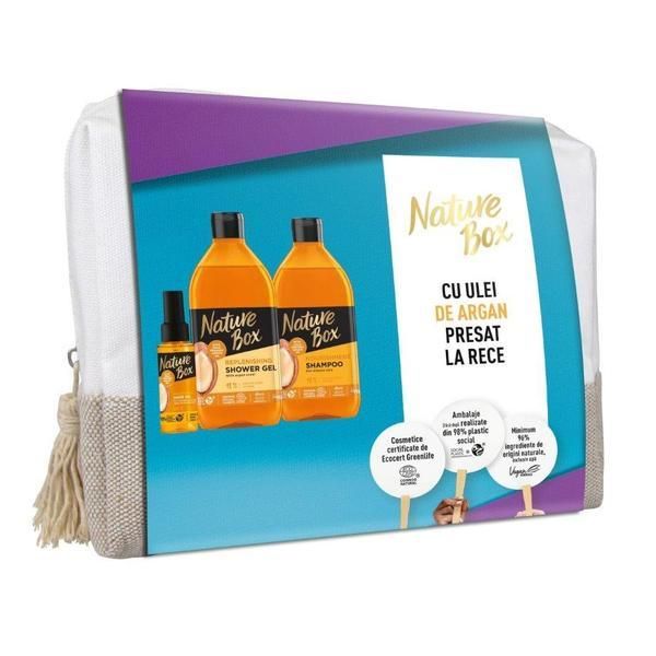 Nature Box Подаръчен комплект Nature Box със студено пресовано арганово масло: шампоан 385 мл + душ гел 385 мл + масло за лечение на коса 70 мл