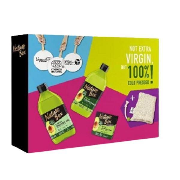 Nature Box Подаръчен комплект Nature Box със студено пресовано масло от авокадо: Твърд шампоан 85 гр + балсам 385 мл + душ гел 385 мл + козметична чанта