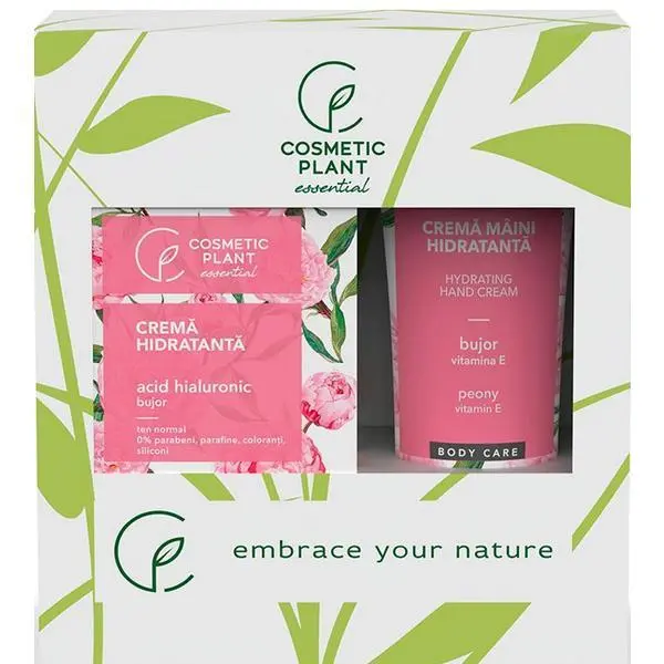 Cosmetic Plant Подаръчен комплект за хидратация Cosmetic Plant Essential Moisturizing - Хидратиращ крем за лице с хиалуронова киселина и божур, 50 мл + Хидратиращ крем за ръце с божур и витамин Е, 100 мл