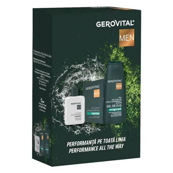 Gerovital Подаръчен комплект за мъже - Gerovital Men Performance All the Way: Лосион за след бръснене с ментол, 100 мл + 3 в 1 освежаващ душ гел, 400 мл
