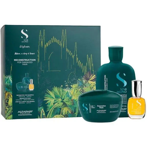 Alfaparf Milano Подаръчен комплект за реконструкция за увредена коса - Alfaparf Milano Semi Di Lino Reconstruction Holiday Kit за увредена коса: Шампоан 250 мл, Маска 200 мл, Серум за блясък 15 мл