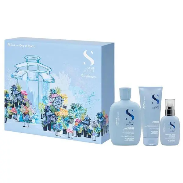 Alfaparf Milano Подаръчен комплект за уплътняване на тънка и старееща коса - Alfaparf Milano Semi Di Lino Density Празничен комплект за тънка и старееща коса: Шампоан 250 мл, Балсам 200 мл, Крем 125 мл