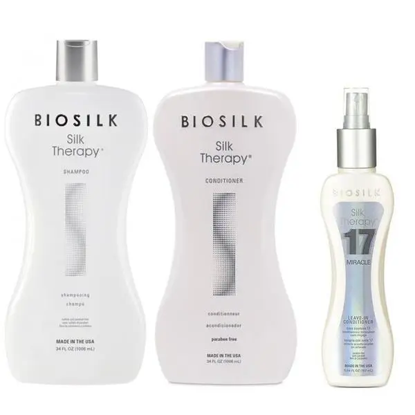 Biosilk Подхранващ пакет - Biosilk Farouk Silk Therapy: Шампоан 1006 мл, Балсам 1006 мл, Балсам без отмиване 167 мл