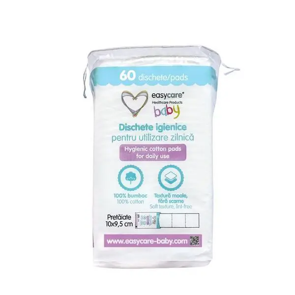 Easy Care Baby Предварително нарязани хигиенични памучни тампони за бебета и деца - Easycare Baby хигиенични памучни тампони за ежедневна употреба, 100% памук, 10 x 9,5 см, 60 бр