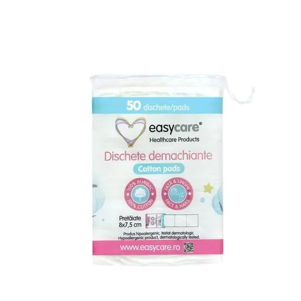 Easy Care Предварително нарязани квадратни почистващи тампони - Easycare Cotton Pads, 100% памук, 8 x 7,5 см, 50 бр