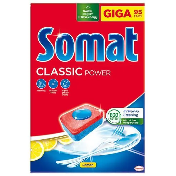 Somat Препарат за съдомиялна на таблетки - Somat Classic Power с лимон, 95 бр