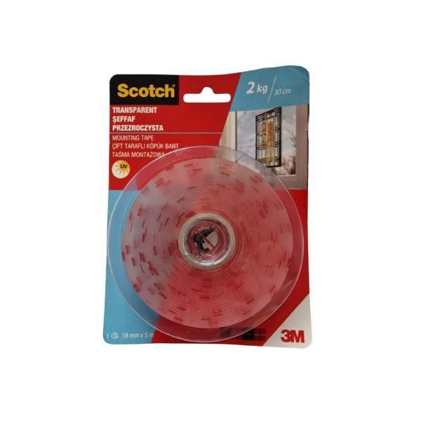3M Прозрачна и трайна двойна самозалепваща се лента за монтаж - 3M Scotch Transparent Mounting Tape, 2kg, 19 мм x 5 м
