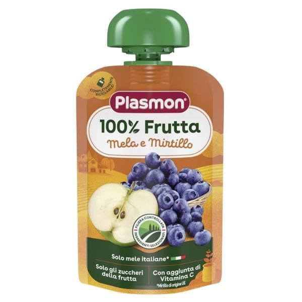 Plasmon Пюре от ябълки и боровинки без глутен - Plasmon 100% Frutta, 6 месеца+, 100 гр