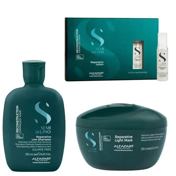 Alfaparf Milano Реконструиращ пакет за фина и увредена коса - Alfaparf Milano Semi Di Lino Reconstruction Reparative Low A - Z Bond Complex: Шампоан 250 мл, Маска 200 мл, Лосион 6 x 13 мл