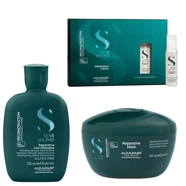 Alfaparf Milano Реконструиращ пакет за увредена коса от средна до гъста - Alfaparf Milano Semi Di Lino Reconstruction Reparative Low A - Z Bond Complex: Шампоан 250 мл, Маска 200 мл, Лосион 6 x 13 мл