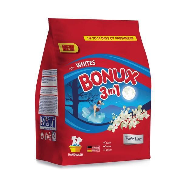 Bonux Ръчен прах 3 в 1 с аромат на люляк за бяло пране - Bonux 3 в 1 за бяло бяло пране, 400 гр