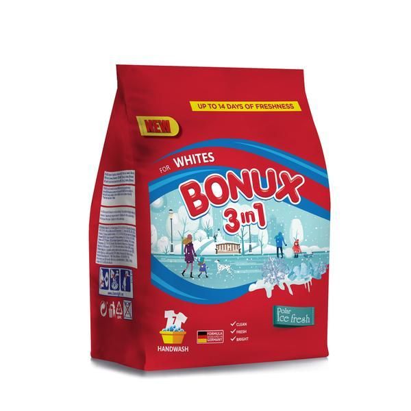 Bonux Ръчен прах 3 в 1 със свеж зимен аромат за бяло пране - Bonux 3 в 1 за Whites Polar Ice Fresh, 400 гр