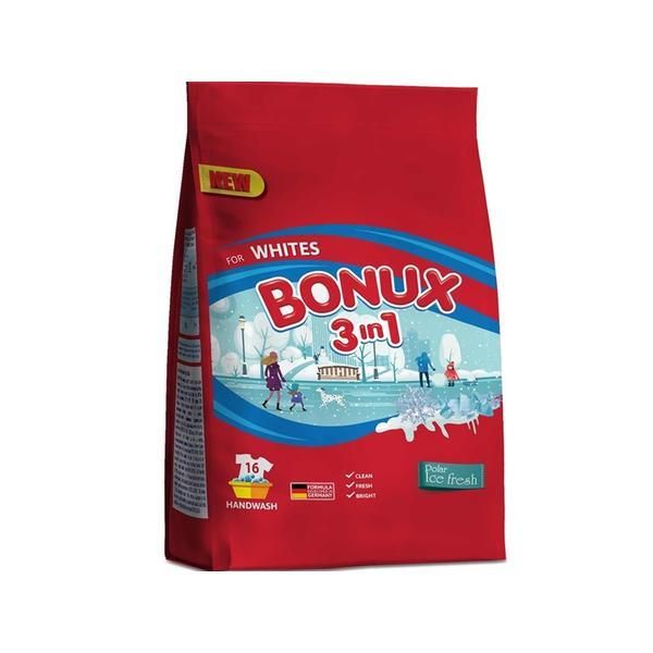Bonux Ръчен прах 3 в 1 със свеж зимен аромат за бяло пране - Bonux 3 в 1 за Whites Polar Ice Fresh, 900 гр