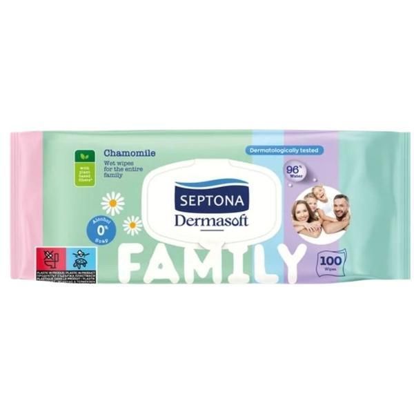 Septona Семейни мокри кърпички - Septona Dermasoft Family Camomile, 100 бр