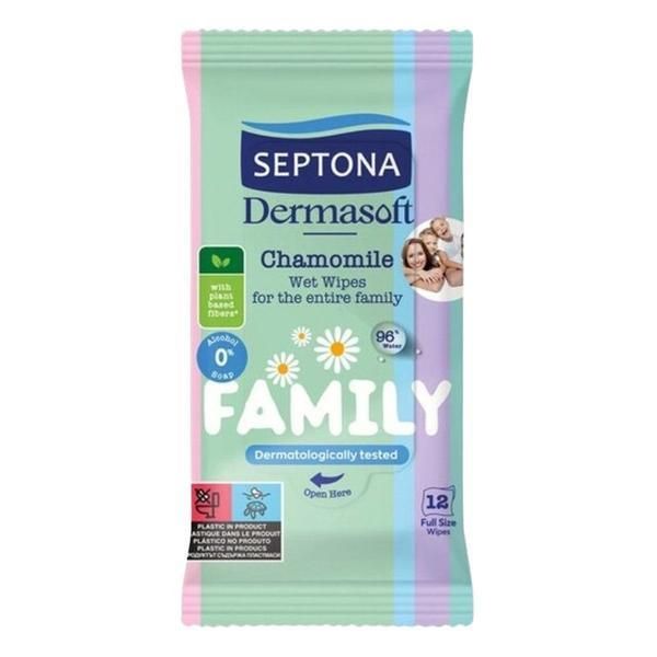 Septona Семейни мокри кърпички - Septona Dermasoft Family Camomile, 12 бр