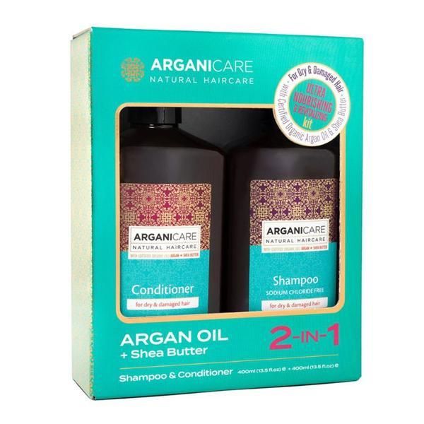 Arganicare Шампоан и балсам с масло от макадамия и масло от шеа за суха или увредена коса - Arganicare шампоан и балсам 2-в1 арганово масло + масло от шеа