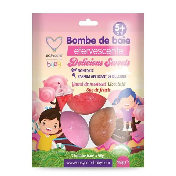 Easy Care Baby Шумящи бомби за вана с апетитен аромат на сладкиши - Easycare Baby Delicious Sweets за деца над 5 години, 3 бр. x 50 гp