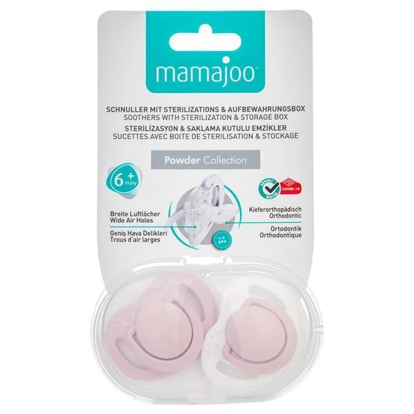 Mamajoo Силиконов ортодонтски комплект залъгалки и кутия за залъгалки - Mamajoo Powder Pink, 6 м+, 2 бр
