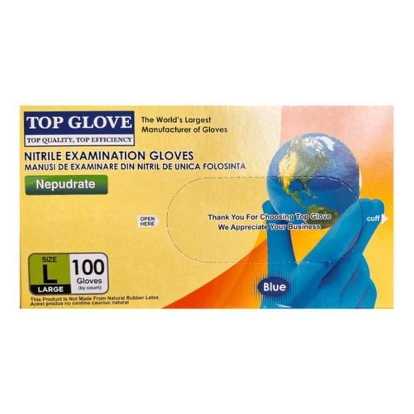 Top Glove Сини нитрилни непудрени оцветени ръкавици за преглед, размер L, Top Glove, 100 бр