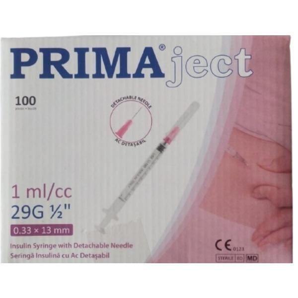 Prima Спринцовки за инсулин Prima, 1мл, отделяща се игла 29G, 1/2&quot; ( 0.33 x 13 mm ), 100 бр