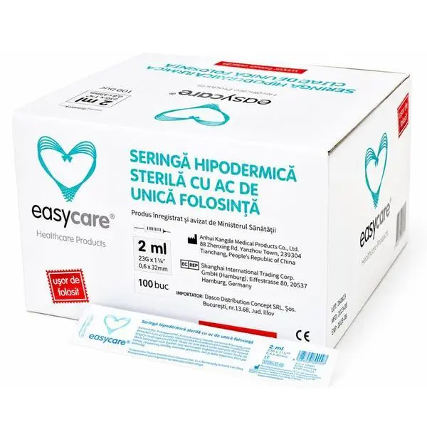 Easy Care Стерилни спринцовки 2 мл - EasyCare, система Luer Slip, 3 компонента с игла, 100 бр