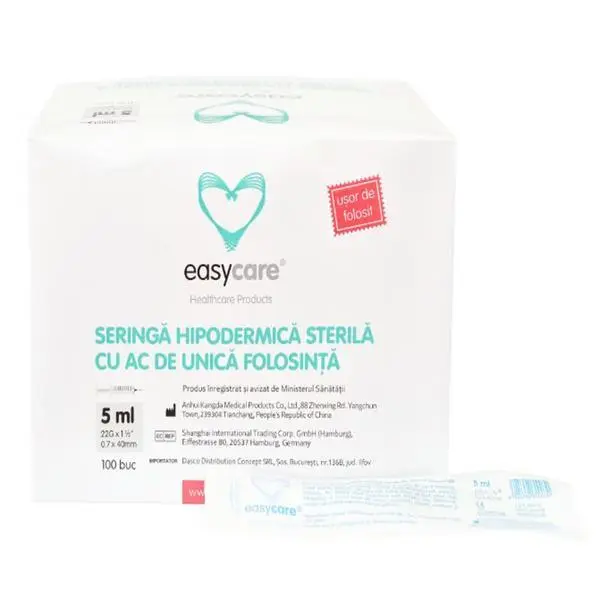 Easy Care Стерилни спринцовки 5 мл - EasyCare, система Luer Slip, 3 компонента с игла, 100 бр