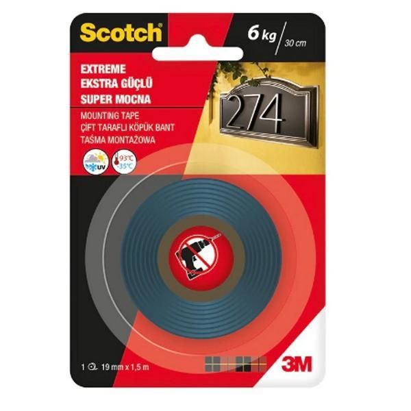 3M Супер устойчива двулицева монтажна лента - 3M Scotch Fix Монтажна лента Double-Face Extreme Exterior, 10 kg, 19 мм x 1,5 м, 1 бр