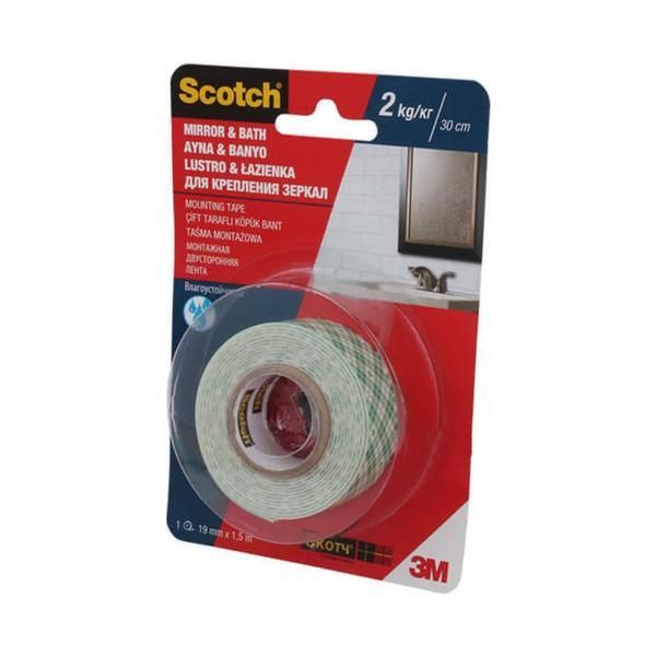 3M Тайно двойно залепващо тиксо за монтаж на повърхности за баня - 3M Scotch Mirror &amp; Bath Mounting Tape 2 kg, 19 мм x 1,5 м, 1 бр