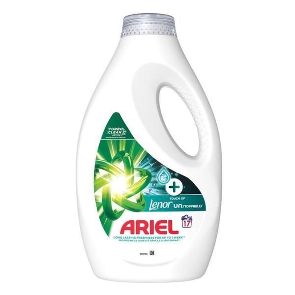 Ariel Течен автоматичен перилен препарат - Ariel + Touch of Lenor Unstoppables Turbo Clean, 17 пранета, 850 мл