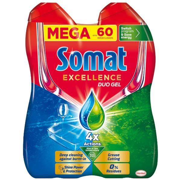 Somat Течен препарат за съдомиялна - Somat Excellence Duo Gel, 60 пранета, 1080 мл