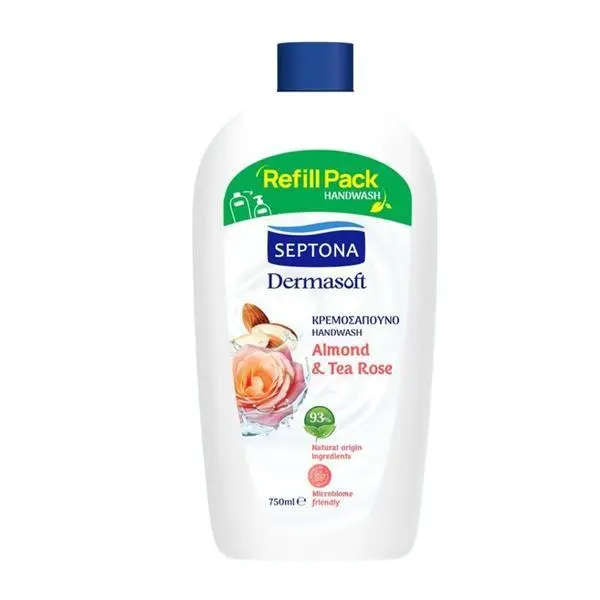 Septona Течен сапун с бадем и роза - Septona Dermasoft Handwash Almond &amp; Tea Rose, 750 мл Резерва