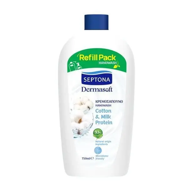 Septona Течен сапун с памук и млечен протеин - Septona Dermasoft Handwash Cotton &amp; Milk Protein, 750 мл пълнител