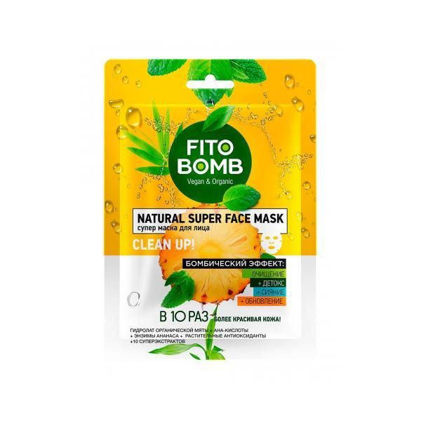 Fitocosmetic Текстилна маска за почистване, детоксикация, блясък и обновяване Clean Up Fito Bomb Fitocosmetic, 25 мл