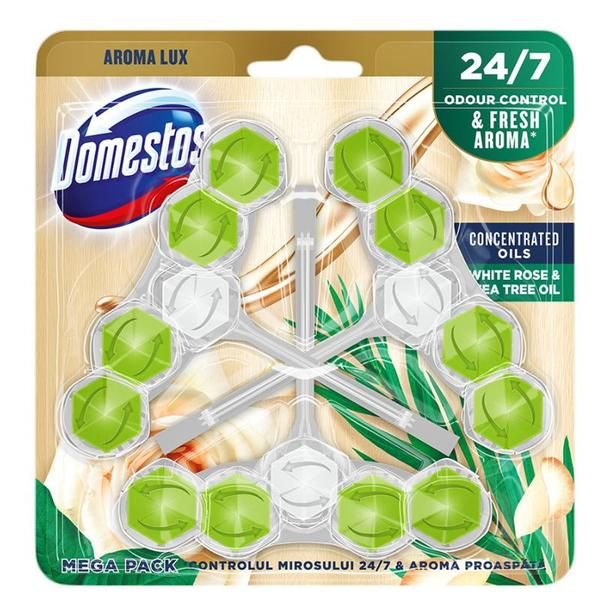 Domestos Тоалетен освежител с аромат на бяла роза и чаено дърво - Domestos Aroma Lux Mega Pack, 3x 55 гр