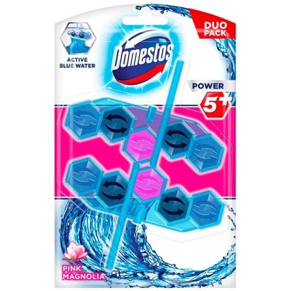 Domestos Тоалетен освежител с аромат на розова магнолия - Domestos Active Blue Water Power 5+ Pink Magnolia Duo Pack, 2x 53 гр