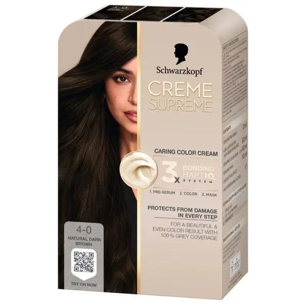 Schwarzkopf Трайна боя за коса - Крем боя за грижа - Schwarzkopf Creme Supreme 3x Bonding HaptIQ System, нюанс 4-0 Natural Satin, 1 опаковка