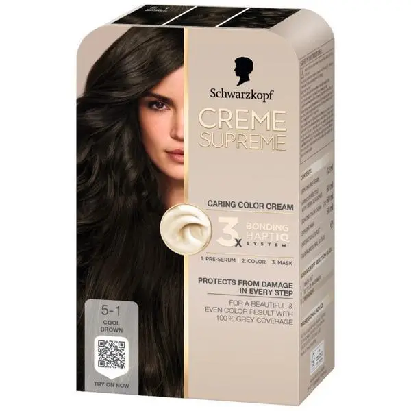 Schwarzkopf Трайна боя за коса - Крем боя за грижа - Schwarzkopf Creme Supreme 3x Bonding HaptIQ System, нюанс 5-1 Cool Light Satin, 1 опаковка