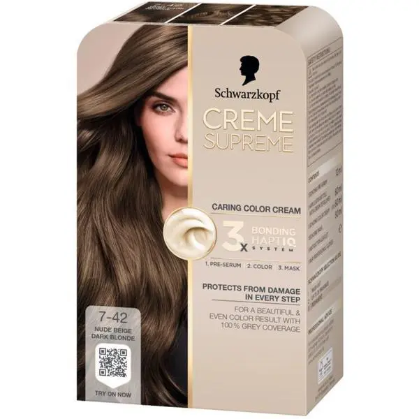 Schwarzkopf Трайна боя за коса - Крем боя за коса - Schwarzkopf Creme Supreme 3x Bonding HaptIQ System, нюанс 7-42 Тъмно русо бежово тяло, 1 опаковка