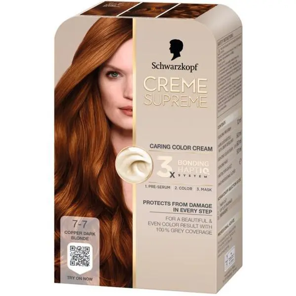 Schwarzkopf Трайна боя за коса - Крем боя за коса - Schwarzkopf Creme Supreme 3x Bonding HaptIQ System, нюанс 7-7 Тъмно медно русо, 1 опаковка