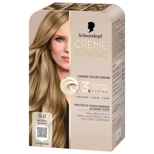 Schwarzkopf Трайна боя за коса - Крем боя за коса - Schwarzkopf Creme Supreme 3x Bonding HaptIQ System, нюанс 8-0 Натурално русо, 1 опаковка