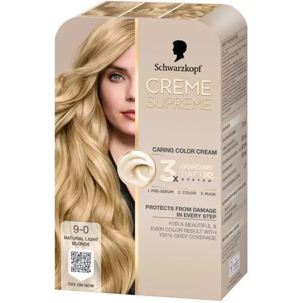 Schwarzkopf Трайна боя за коса - Крем боя за коса - Schwarzkopf Creme Supreme 3x Bonding HaptIQ System, нюанс 9-0 Натурално светло русо, 1 опаковка