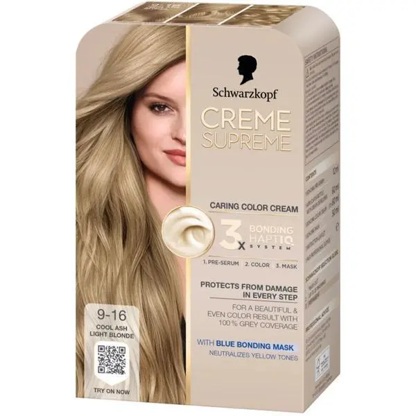 Schwarzkopf Трайна боя за коса - Крем боя за коса - Schwarzkopf Creme Supreme 3x Bonding HaptIQ System, нюанс 9-16 Светло пепеляво русо студено, 1 опаковка