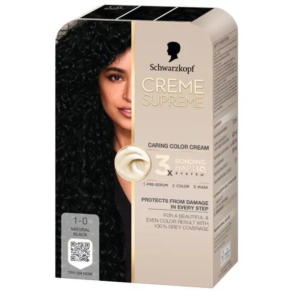 Schwarzkopf Трайна боя за коса - Кремообразна боя за коса - Schwarzkopf Creme Supreme 3x Bonding HaptIQ System, нюанс 1-0 Natural Black, 1 опаковка