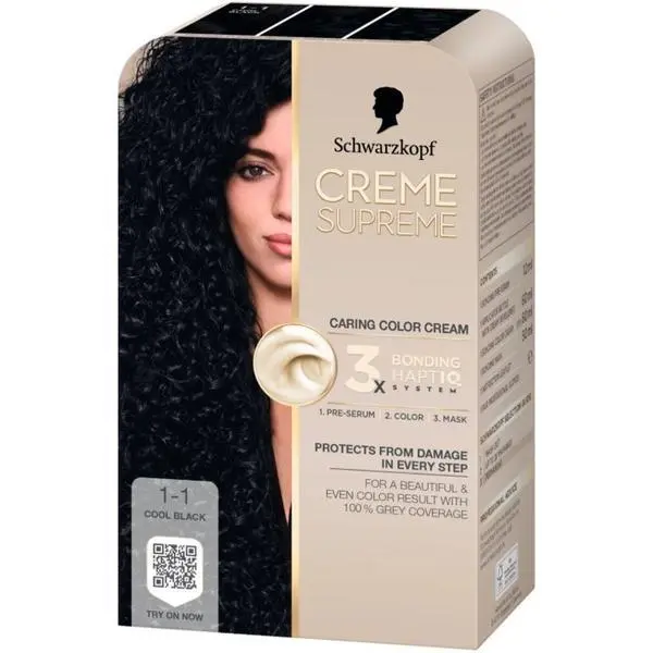 Schwarzkopf Трайна боя за коса - Кремообразна боя за коса - Schwarzkopf Creme Supreme 3x Bonding HaptIQ System, нюанс 1-1 Студено черно, 1 опаковка