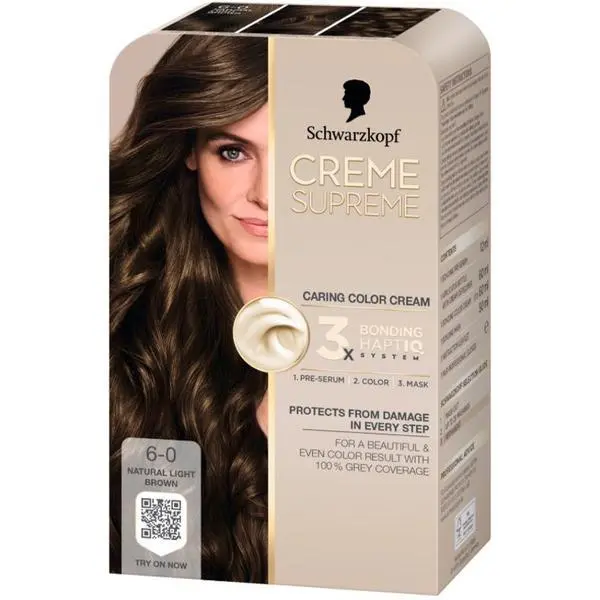 Schwarzkopf Трайна боя за коса - Кремообразна боя за коса - Schwarzkopf Creme Supreme 3x Bonding HaptIQ System, нюанс 6-0 Светъл натурален сатен, 1 опаковка