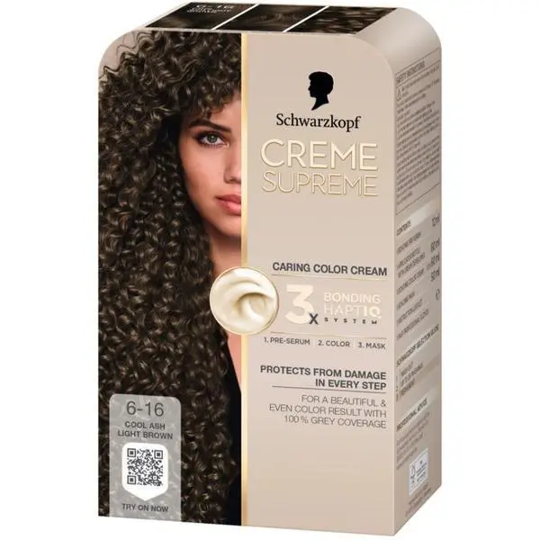 Schwarzkopf Трайна боя за коса - Кремообразна боя за коса - Schwarzkopf Creme Supreme 3x Bonding HaptIQ System, нюанс 6-16 Cool Pearl Satin, 1 опаковка