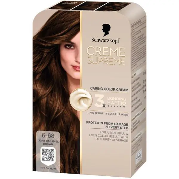 Schwarzkopf Трайна боя за коса - Кремообразна боя за коса - Schwarzkopf Creme Supreme 3x Bonding HaptIQ System, нюанс 6-68 Светло карамелен сатен, 1 опаковка