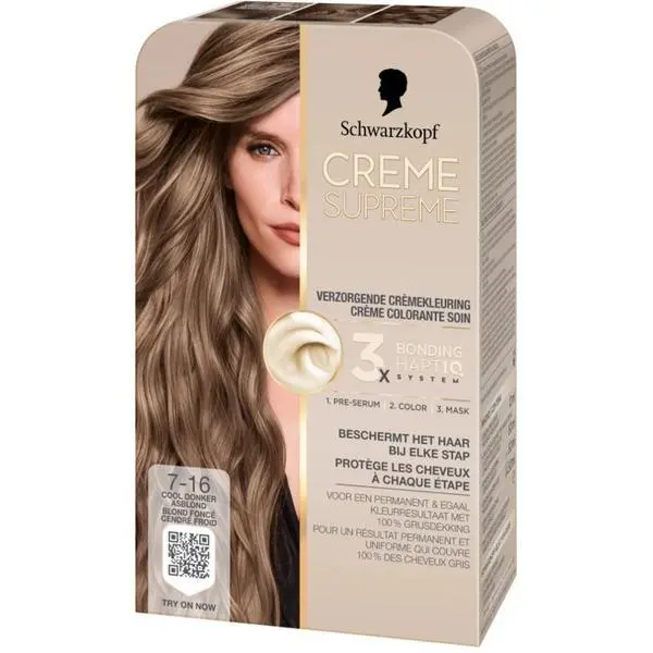 Schwarzkopf Трайна боя за коса - Кремообразна боя за коса - Schwarzkopf Creme Supreme 3x Bonding HaptIQ System, нюанс 7-16 Студено пепеляво русо, 1 опаковка