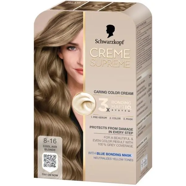 Schwarzkopf Трайна боя за коса - Кремообразна боя за коса - Schwarzkopf Creme Supreme 3x Bonding HaptIQ System, нюанс 8-16 Студено пепеляво русо, 1 опаковка