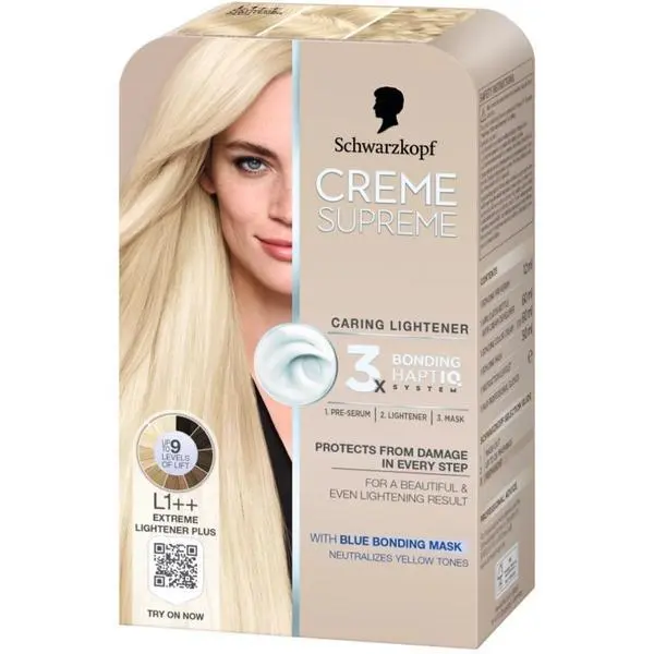 Schwarzkopf Трайна боя за коса с обезцветяване - Schwarzkopf Creme Supreme Caring Lightener 3x Bonding HaptIQ System, нюанс L1++ Extreme Lightener Plus, 1 опаковка